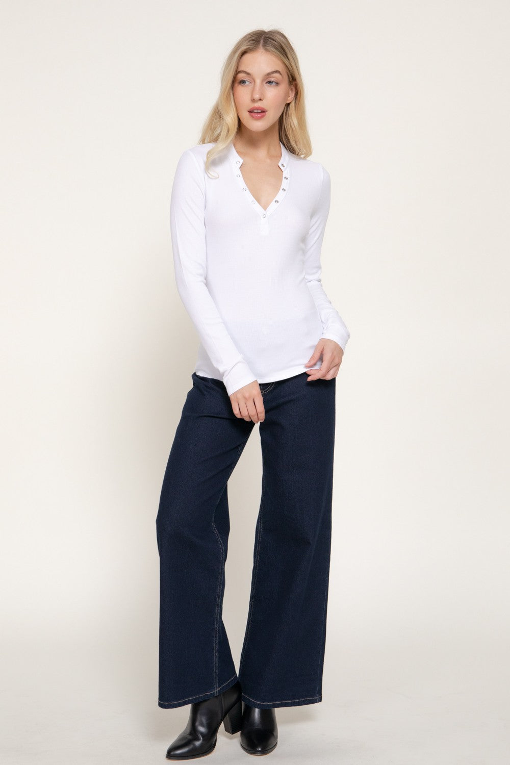 Long Slv Henley Neck Ribbed Top