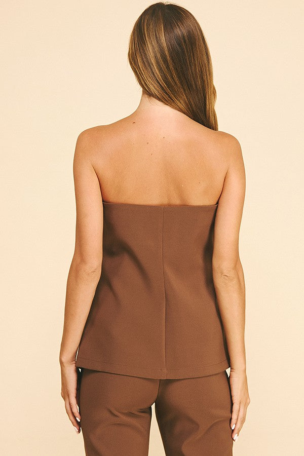 Twill Sculpted Strapless Button Front Peplum Top