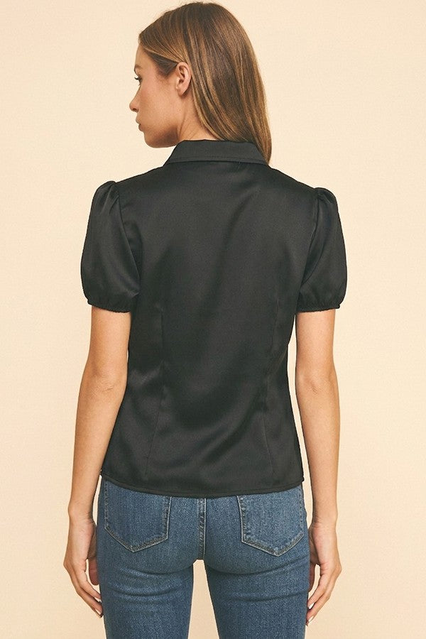 Satin Puff Sleeve Sculpted Princess Lined Blouse Top