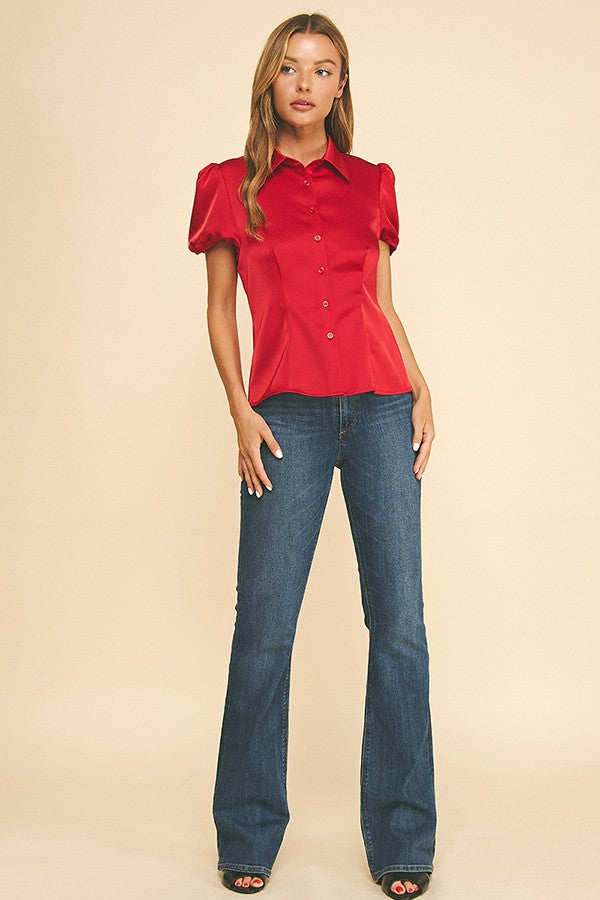 Satin Puff Sleeve Sculpted Princess Lined Blouse Top