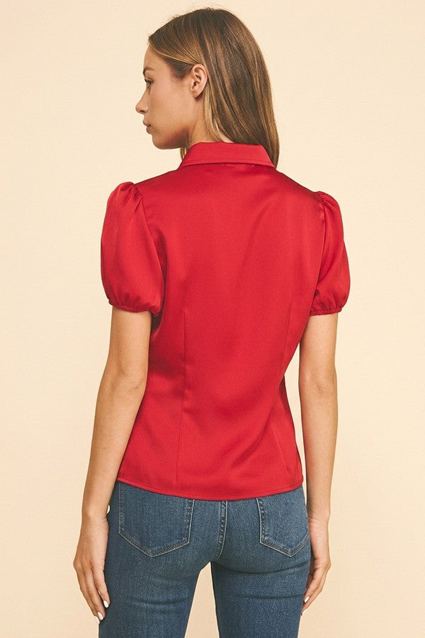 Satin Puff Sleeve Sculpted Princess Lined Blouse Top