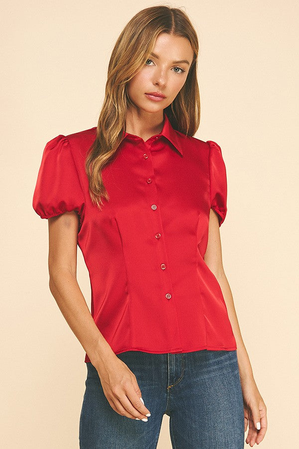 Satin Puff Sleeve Sculpted Princess Lined Blouse Top