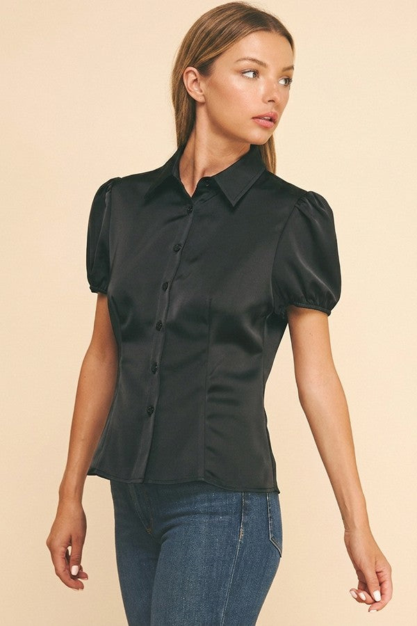 Satin Puff Sleeve Sculpted Princess Lined Blouse Top