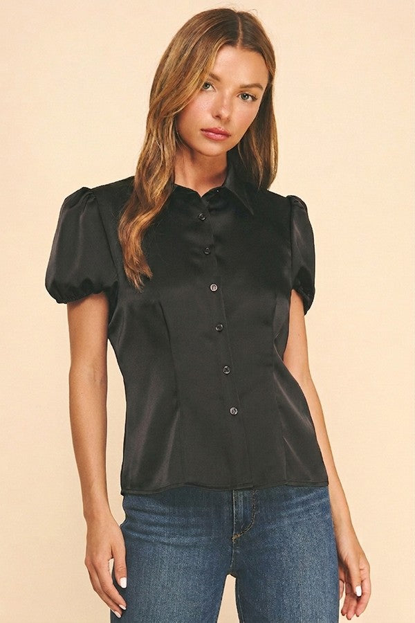 Satin Puff Sleeve Sculpted Princess Lined Blouse Top
