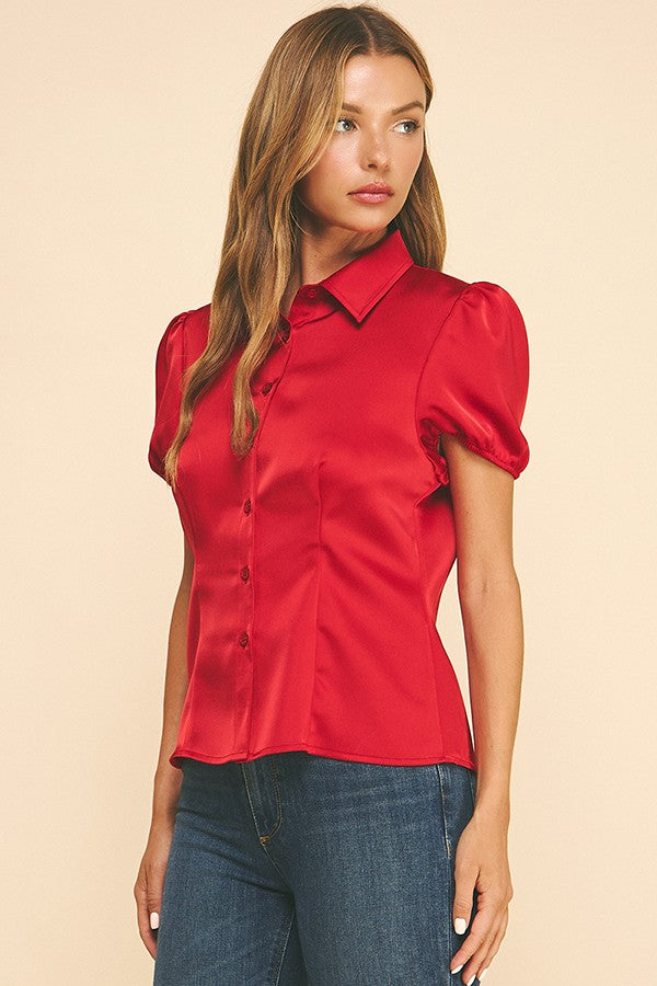 Satin Puff Sleeve Sculpted Princess Lined Blouse Top