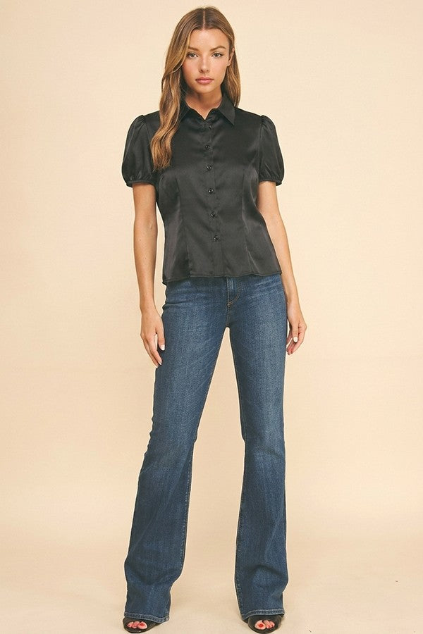 Satin Puff Sleeve Sculpted Princess Lined Blouse Top