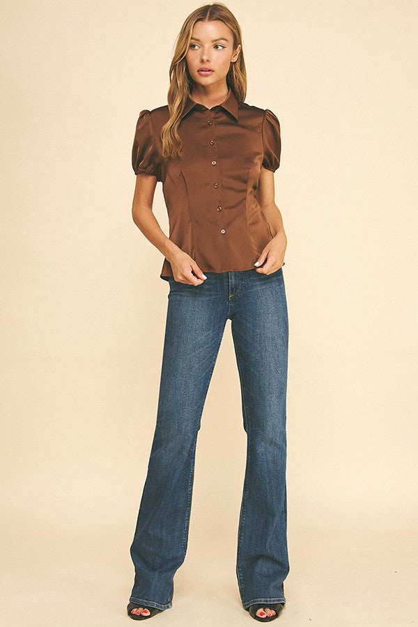 Satin Puff Sleeve Sculpted Princess Lined Blouse Top