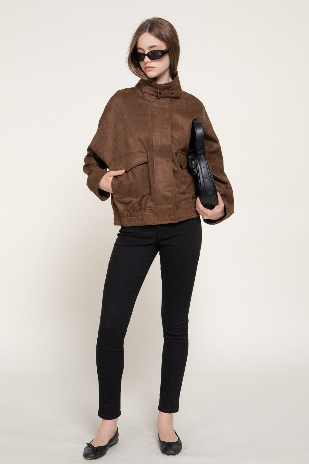 High Neck W/tab Elastic Hem Faux Suede Jacket