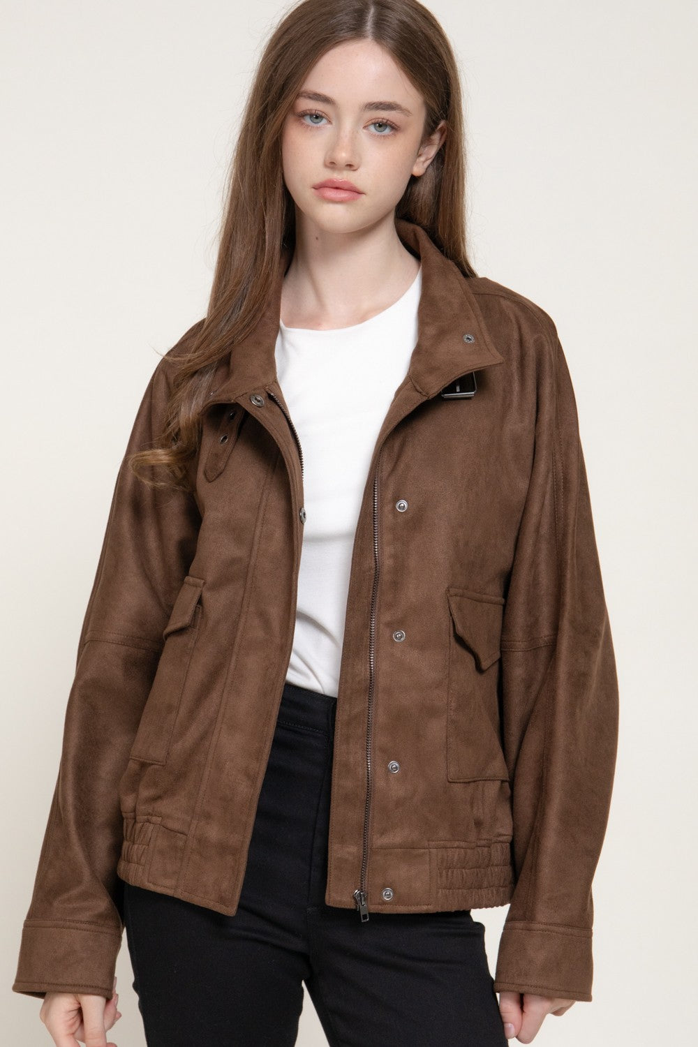 High Neck W/tab Elastic Hem Faux Suede Jacket