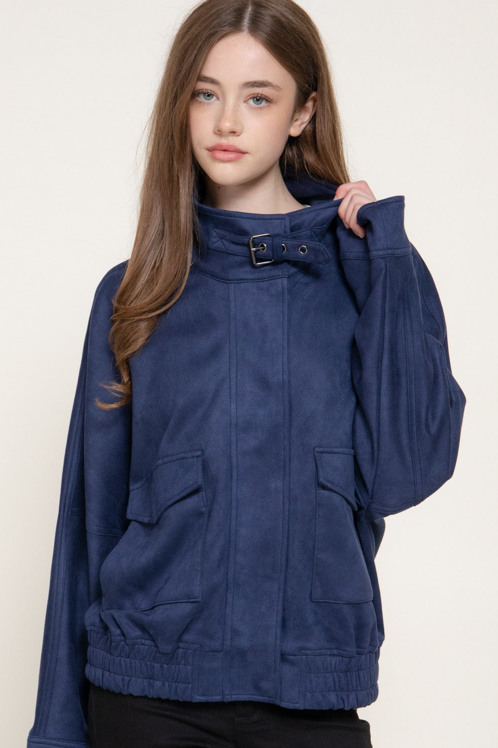 High Neck W/tab Elastic Hem Faux Suede Jacket