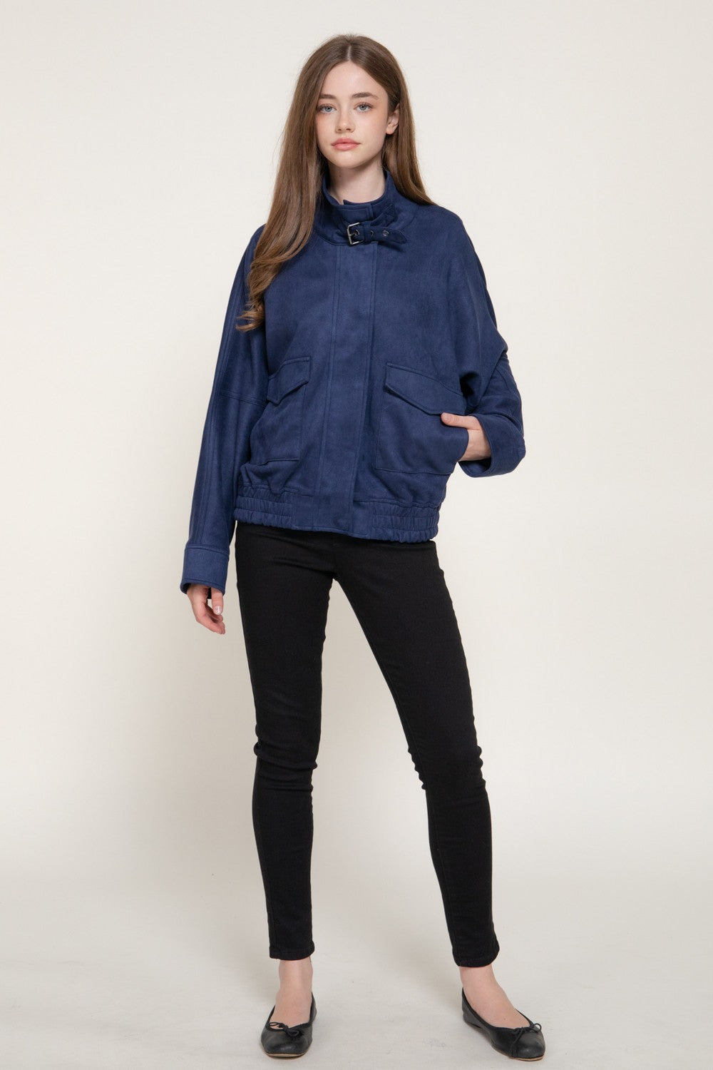 High Neck W/tab Elastic Hem Faux Suede Jacket
