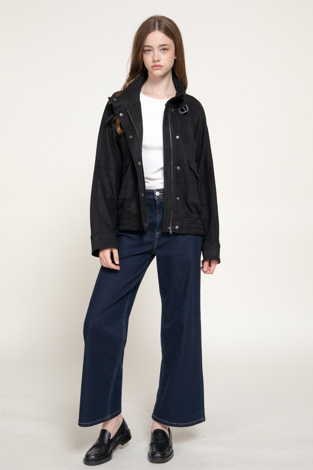High Neck W/tab Elastic Hem Faux Suede Jacket