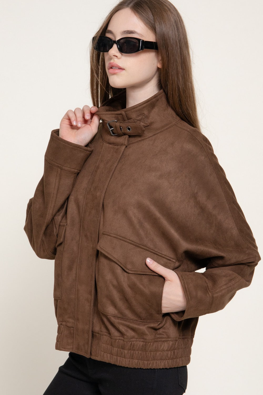 High Neck W/tab Elastic Hem Faux Suede Jacket