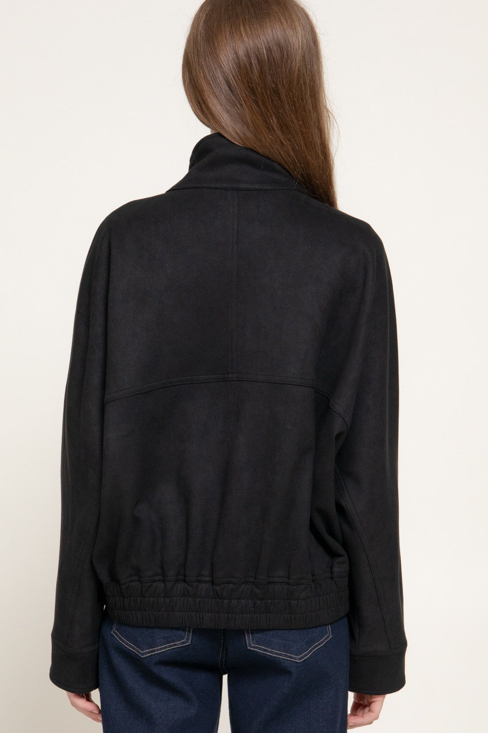 High Neck W/tab Elastic Hem Faux Suede Jacket