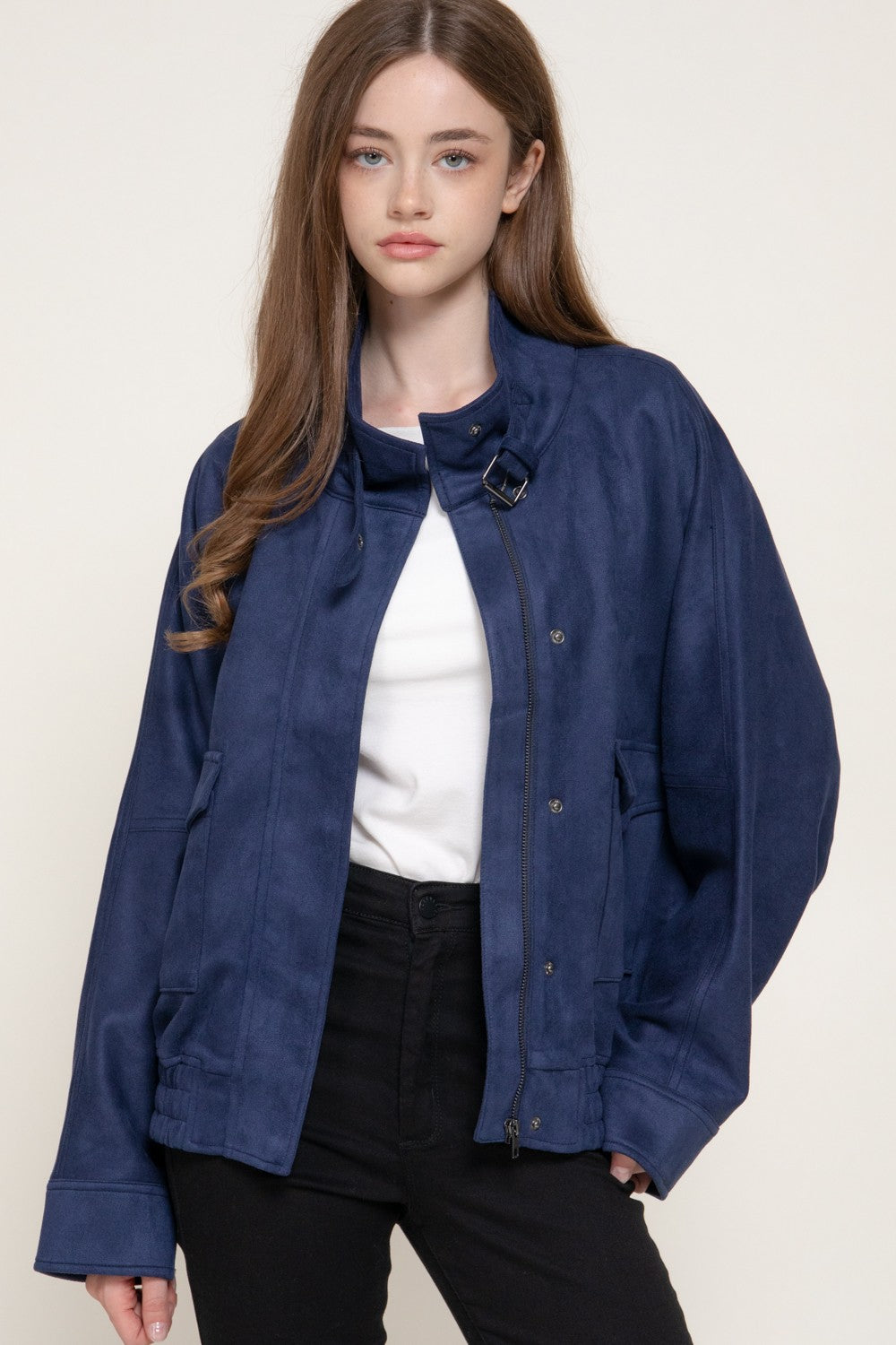 High Neck W/tab Elastic Hem Faux Suede Jacket