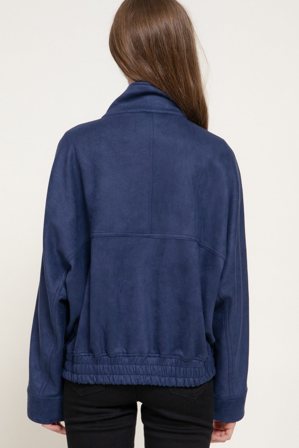 High Neck W/tab Elastic Hem Faux Suede Jacket