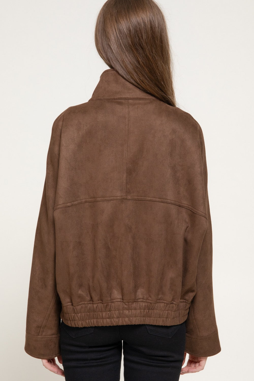 High Neck W/tab Elastic Hem Faux Suede Jacket