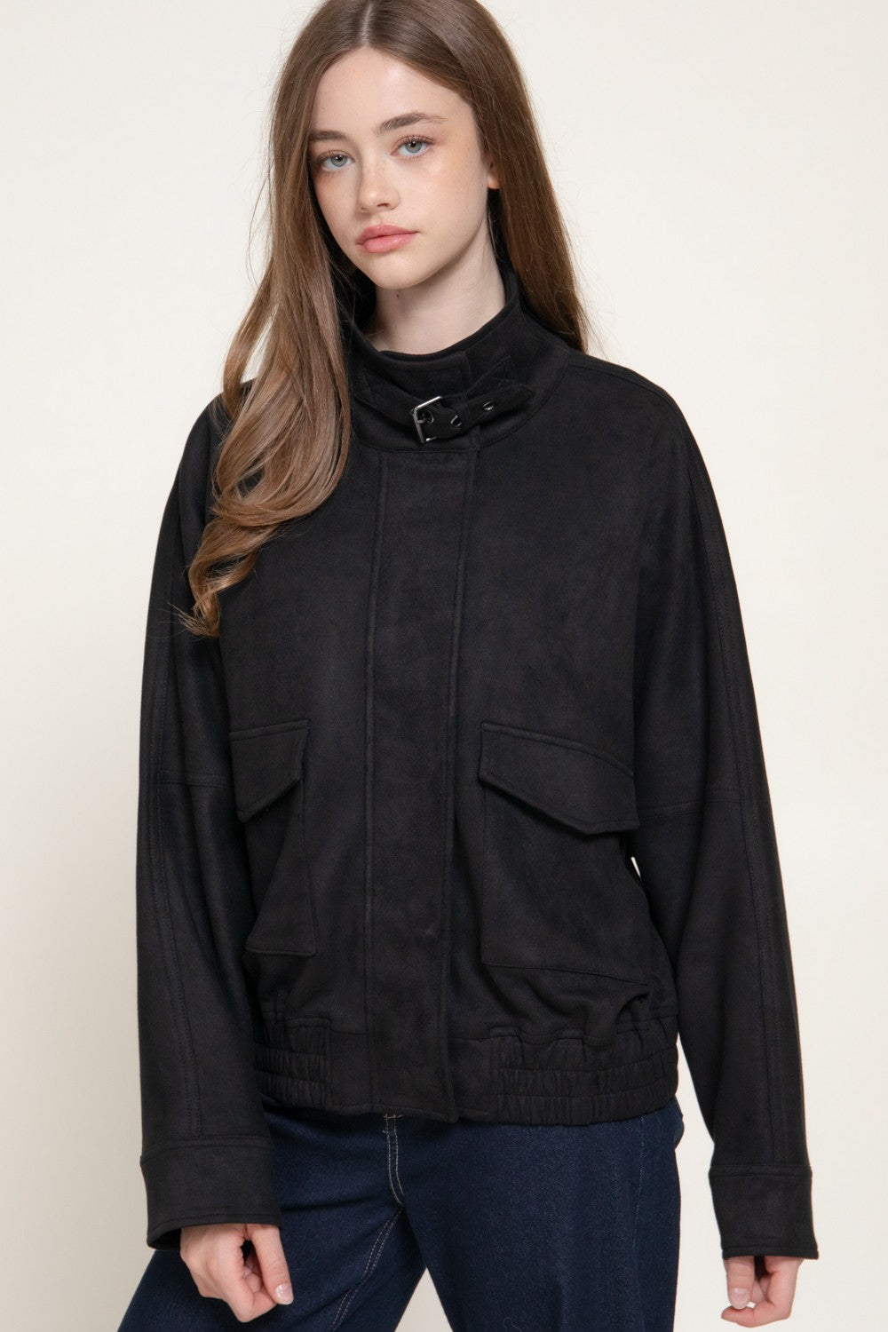High Neck W/tab Elastic Hem Faux Suede Jacket