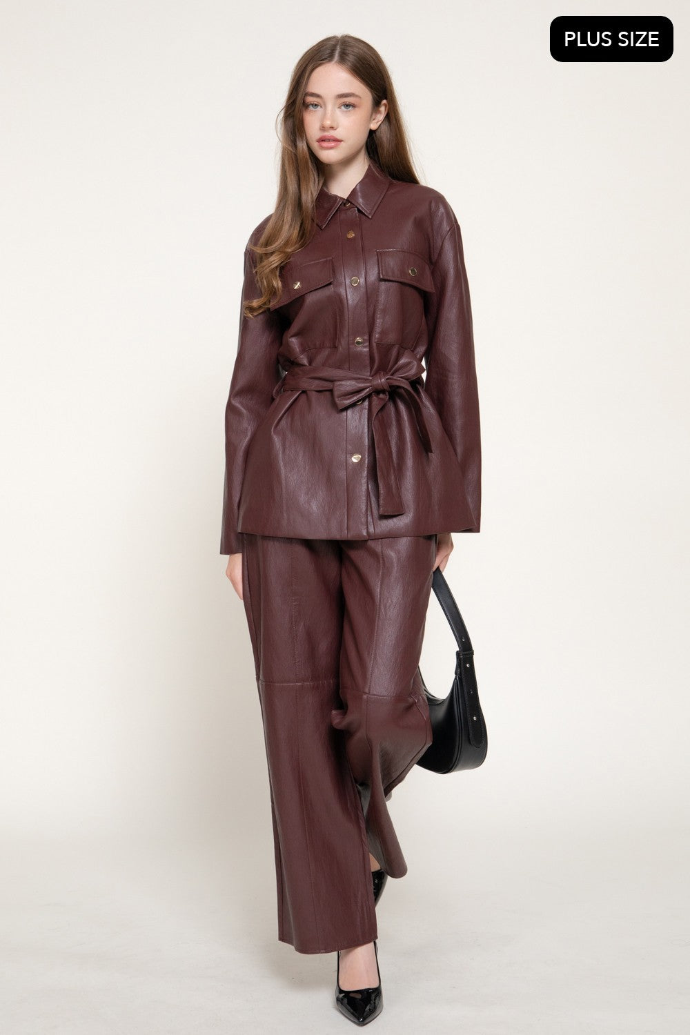 Button Down Belted Faux Leather Jacket