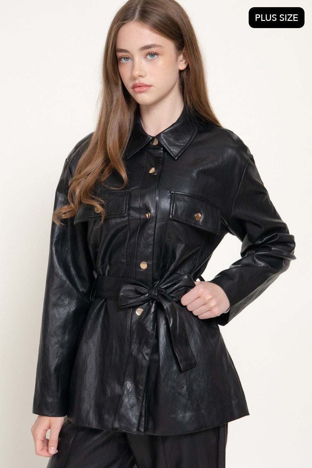 Button Down Belted Faux Leather Jacket