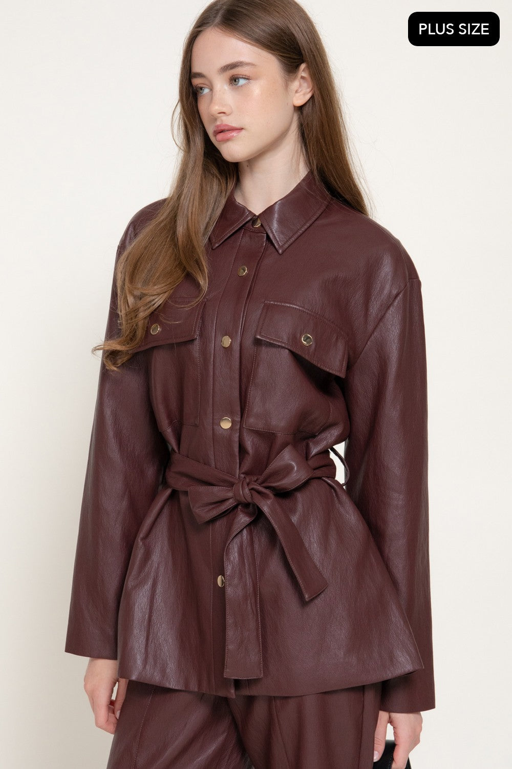 Button Down Belted Faux Leather Jacket