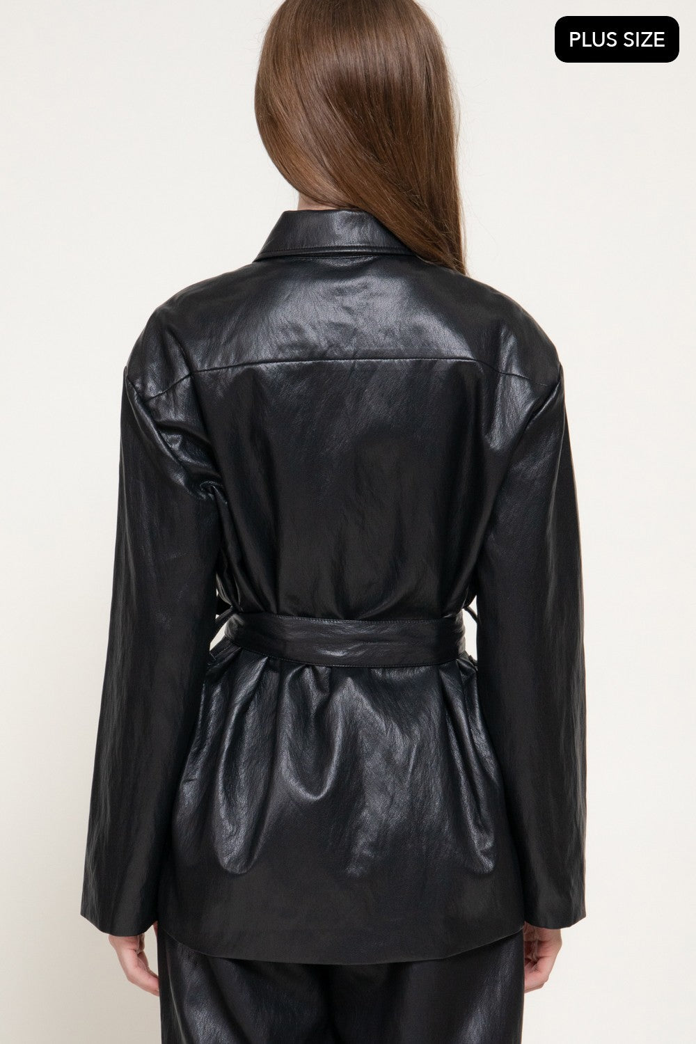 Button Down Belted Faux Leather Jacket