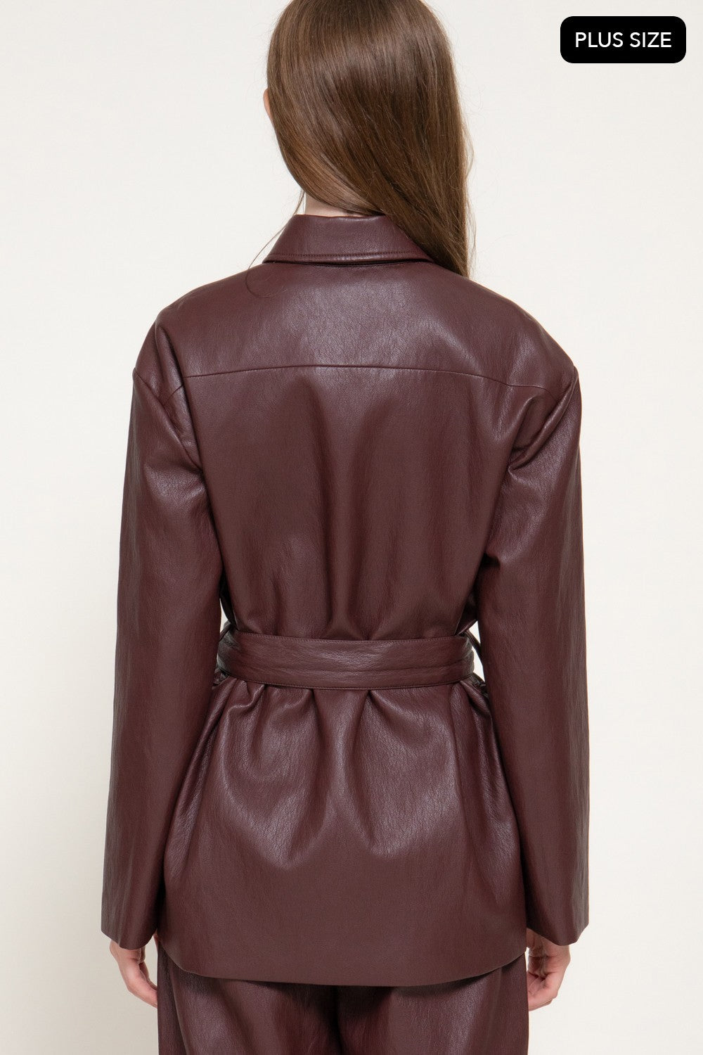 Button Down Belted Faux Leather Jacket
