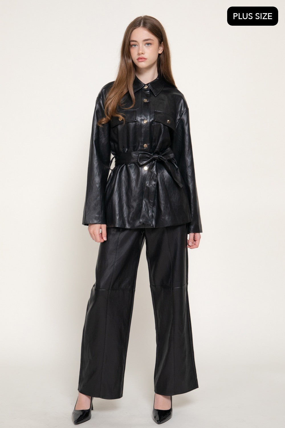 Button Down Belted Faux Leather Jacket