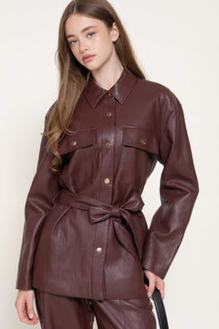Button Down Belted Faux Leather Jacket