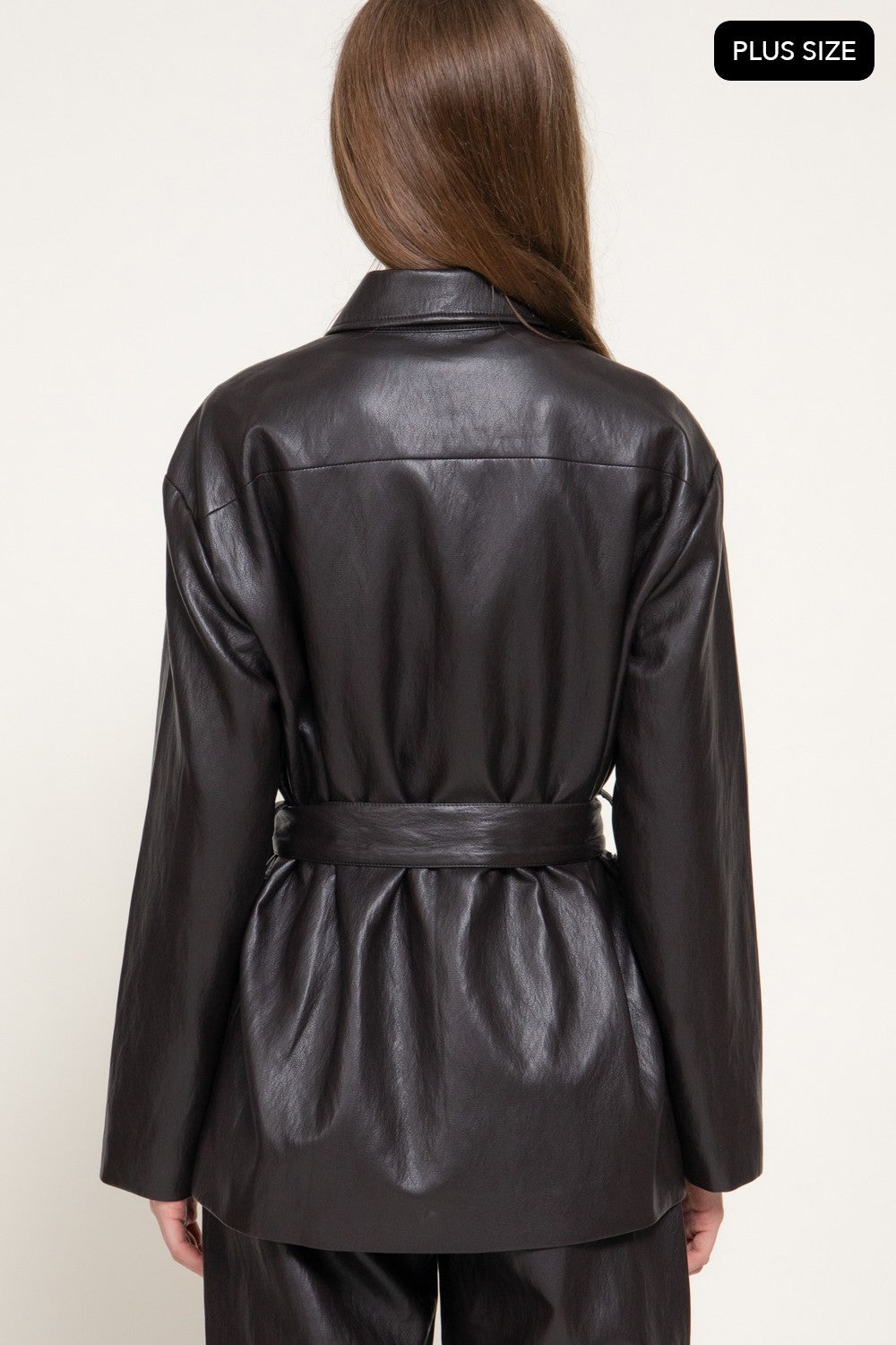 Button Down Belted Faux Leather Jacket