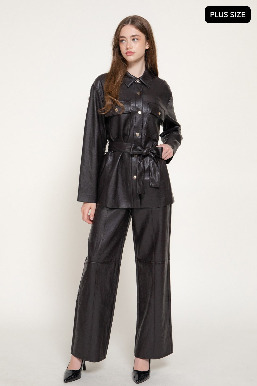 Button Down Belted Faux Leather Jacket