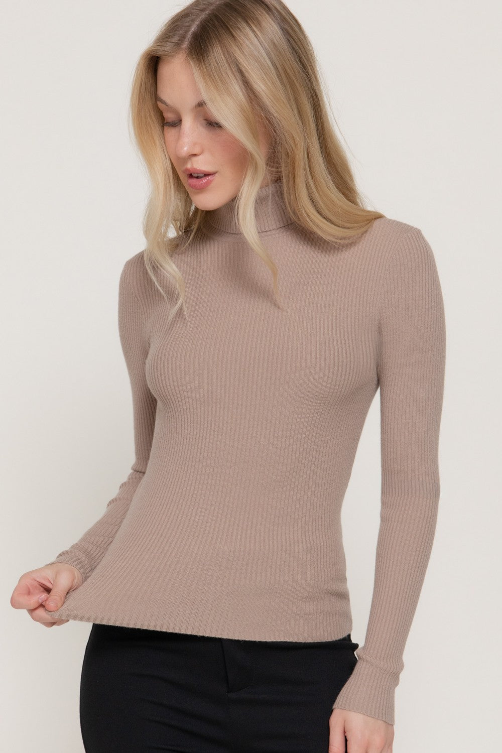 Turtle Neck Fitted Viscose Rib Sweater Top