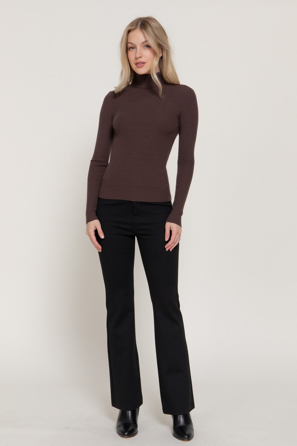 Turtle Neck Fitted Viscose Rib Sweater Top