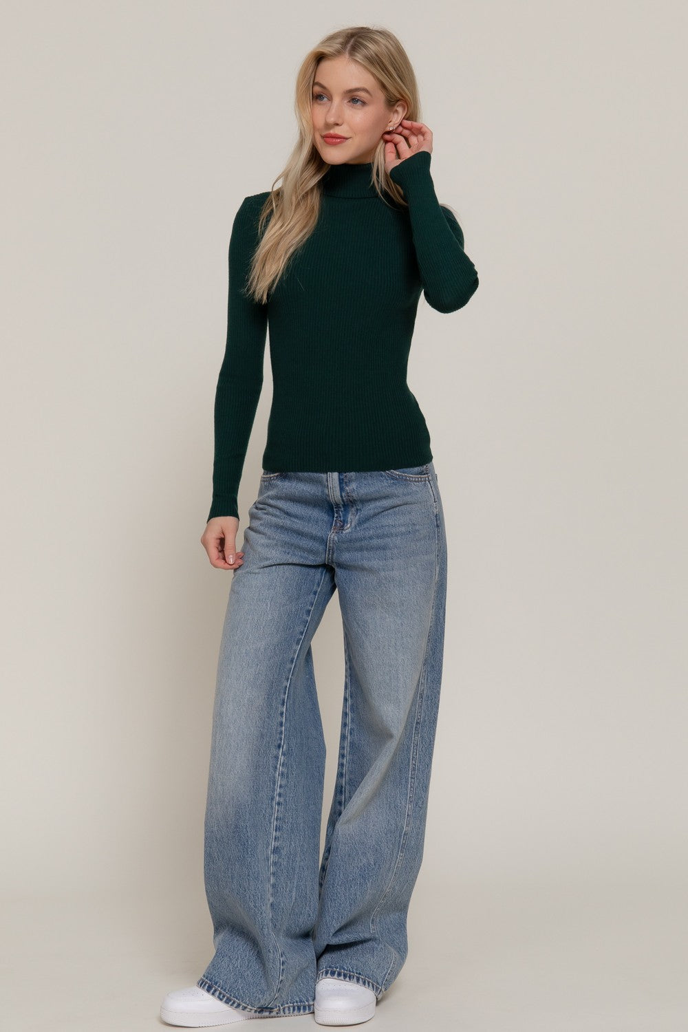 Turtle Neck Fitted Viscose Rib Sweater Top
