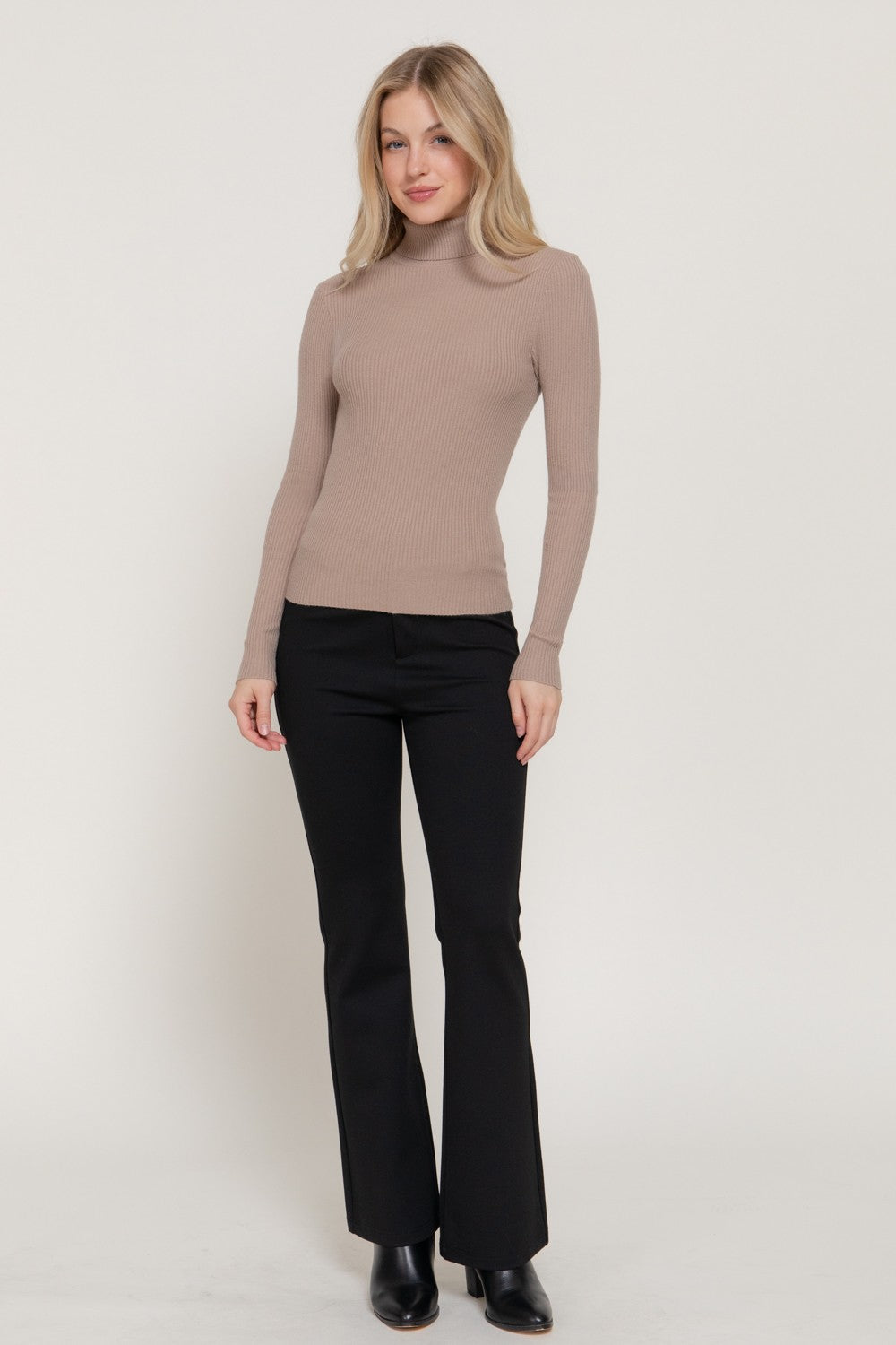 Turtle Neck Fitted Viscose Rib Sweater Top