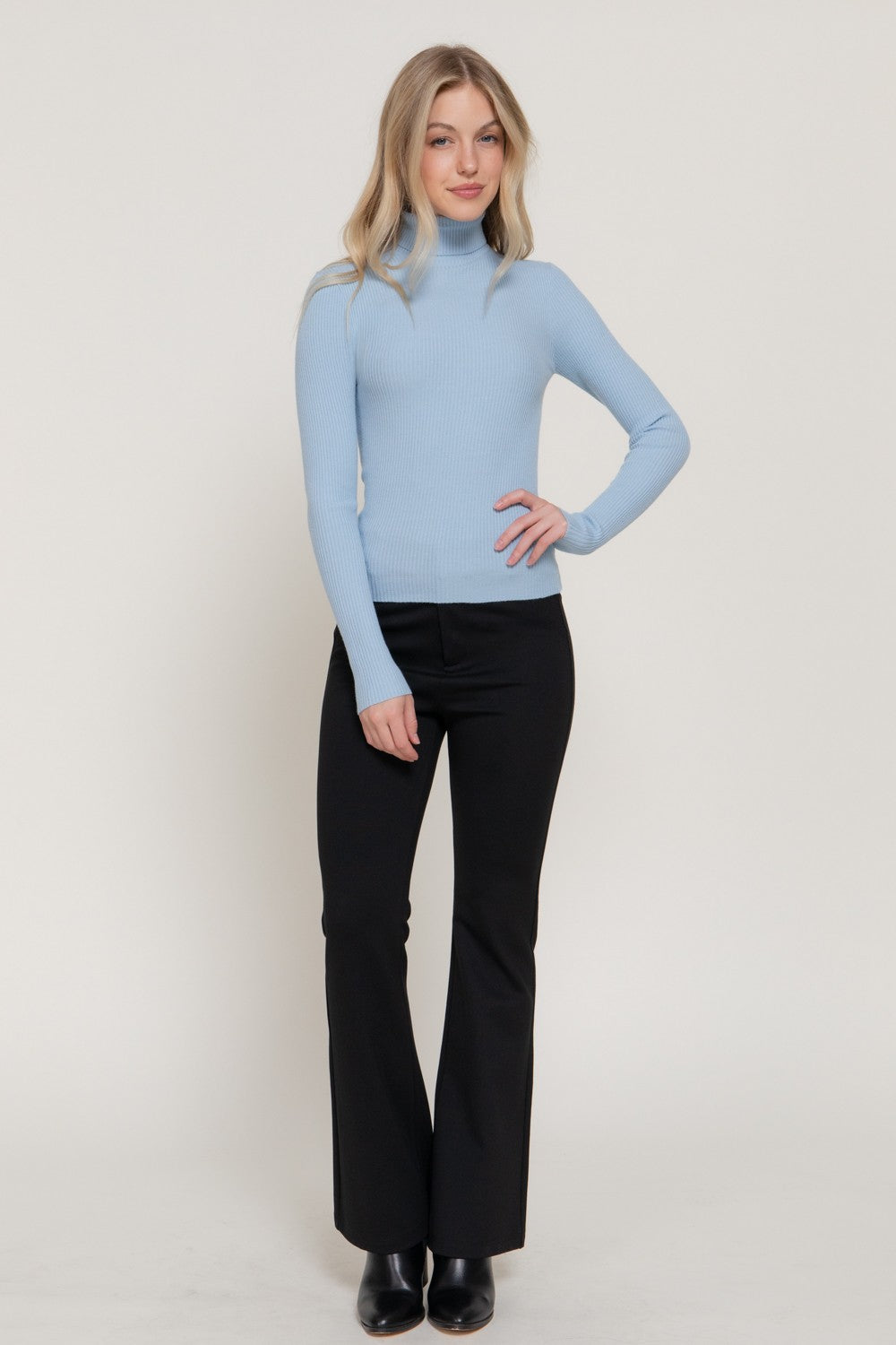 Turtle Neck Fitted Viscose Rib Sweater Top