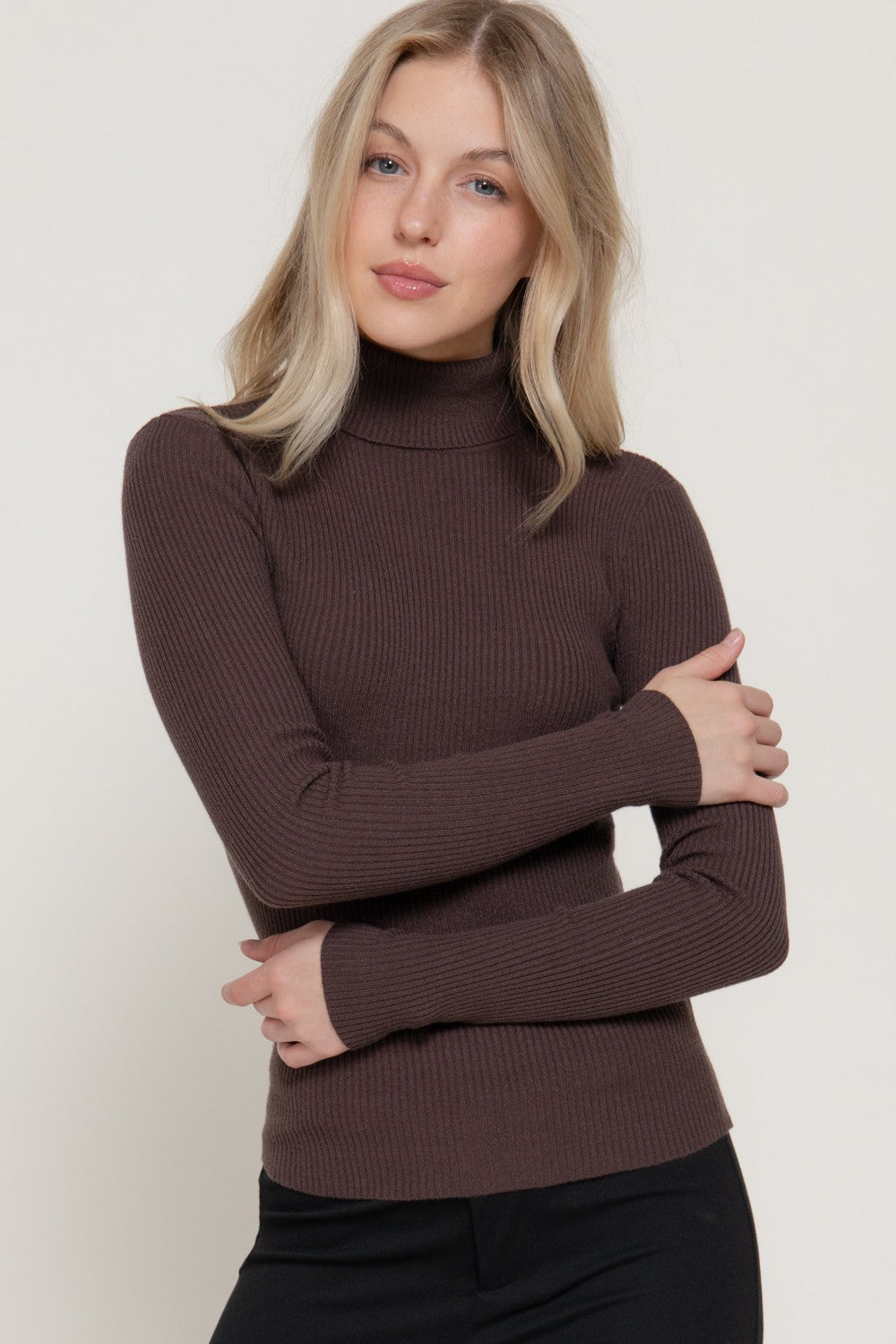 Turtle Neck Fitted Viscose Rib Sweater Top