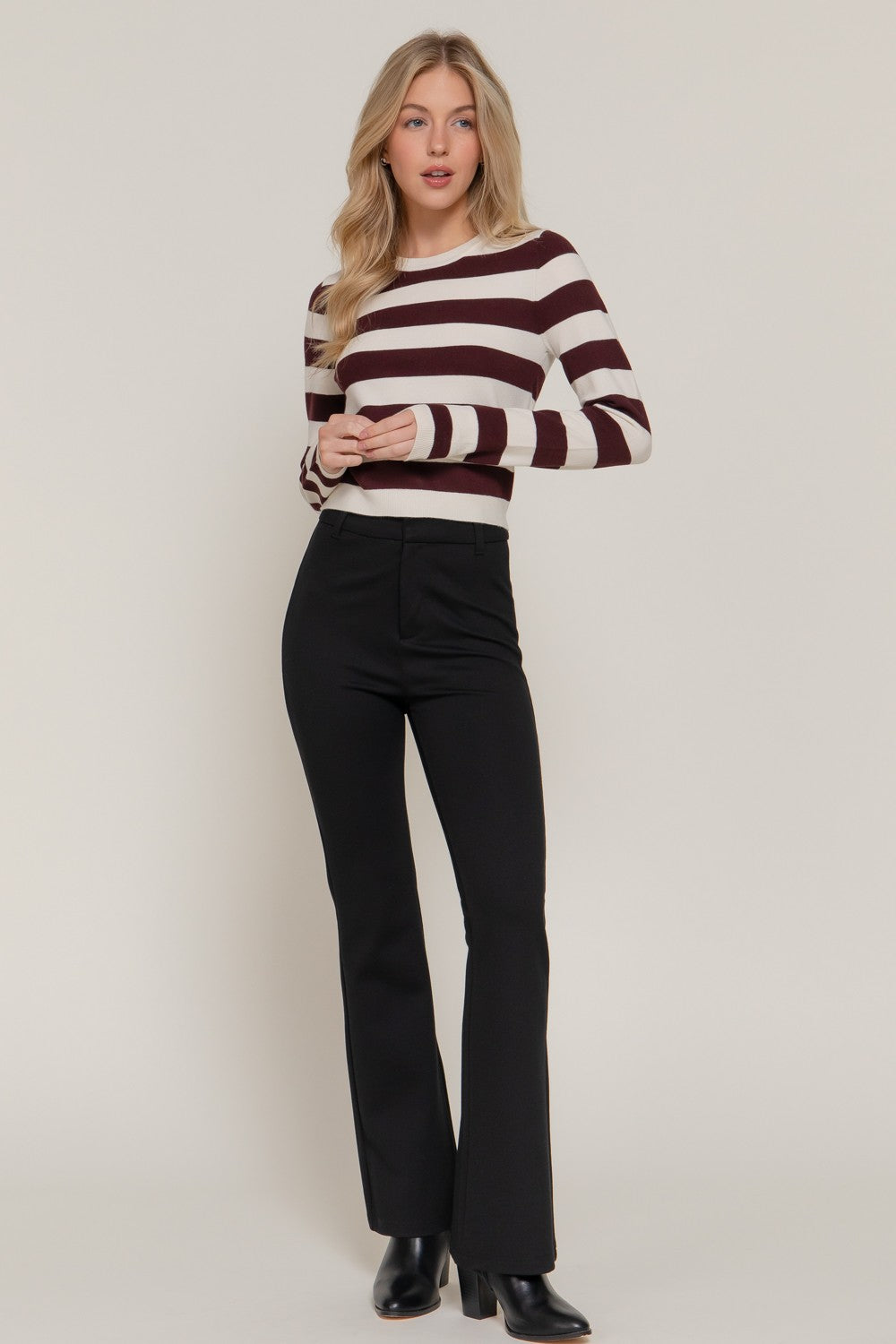 Long Slv Crew Neck Stripe Fitted Sweater