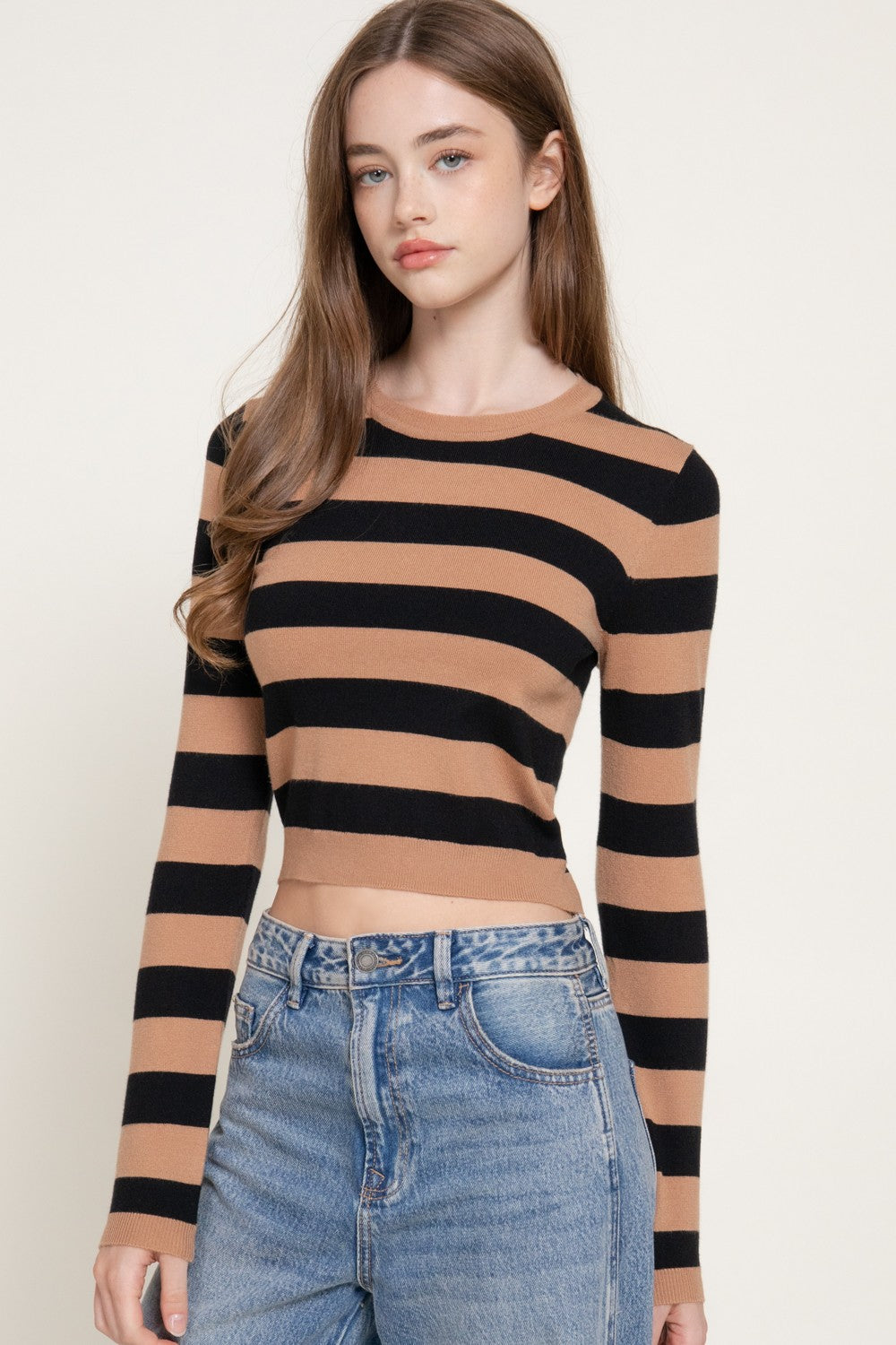 Long Slv Crew Neck Stripe Fitted Sweater