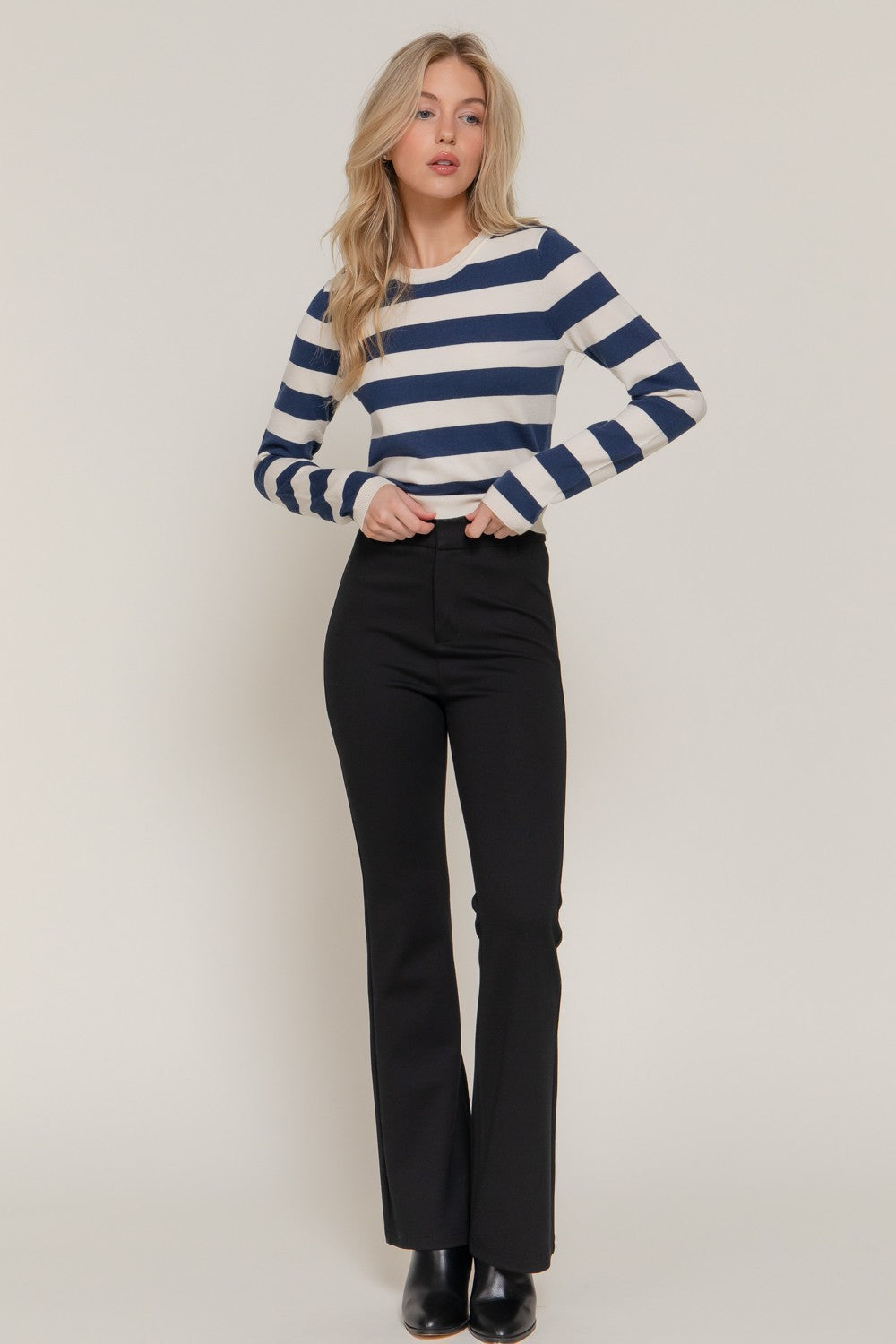 Long Slv Crew Neck Stripe Fitted Sweater
