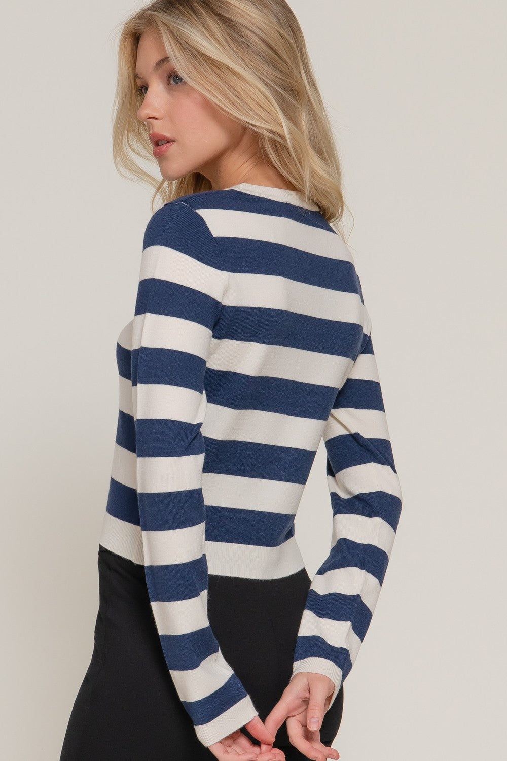 Long Slv Crew Neck Stripe Fitted Sweater
