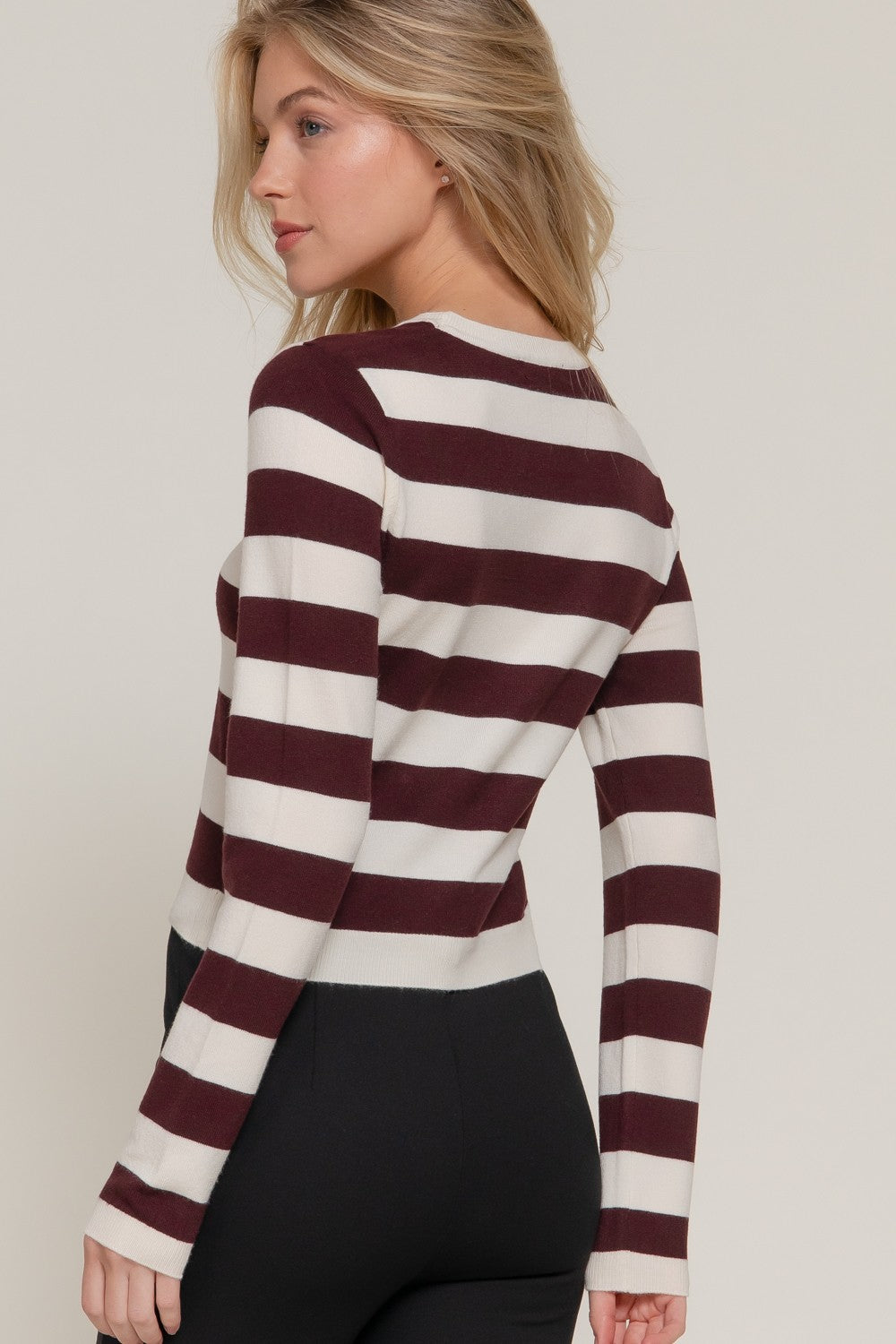 Long Slv Crew Neck Stripe Fitted Sweater