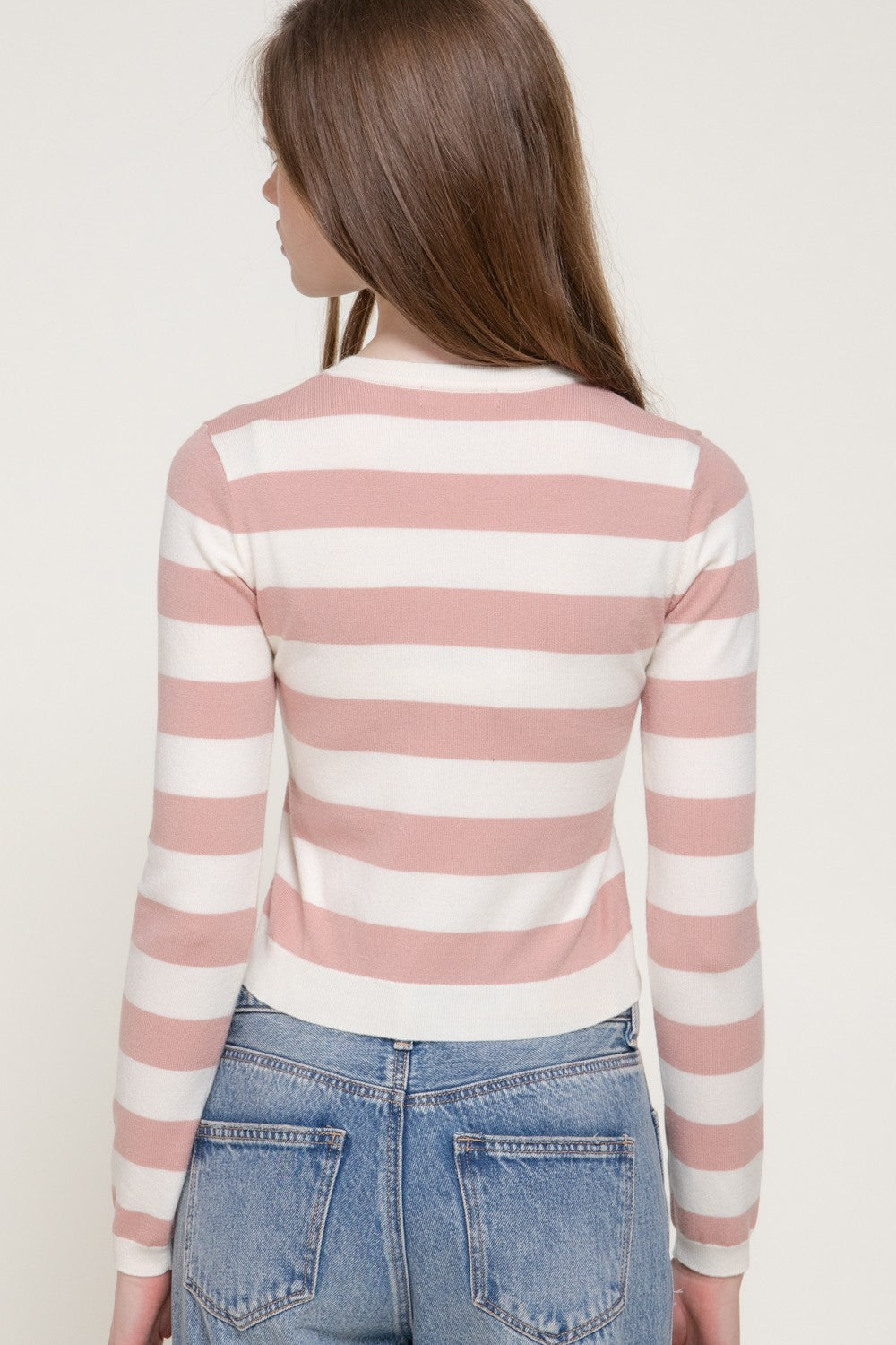 Long Slv Crew Neck Stripe Fitted Sweater