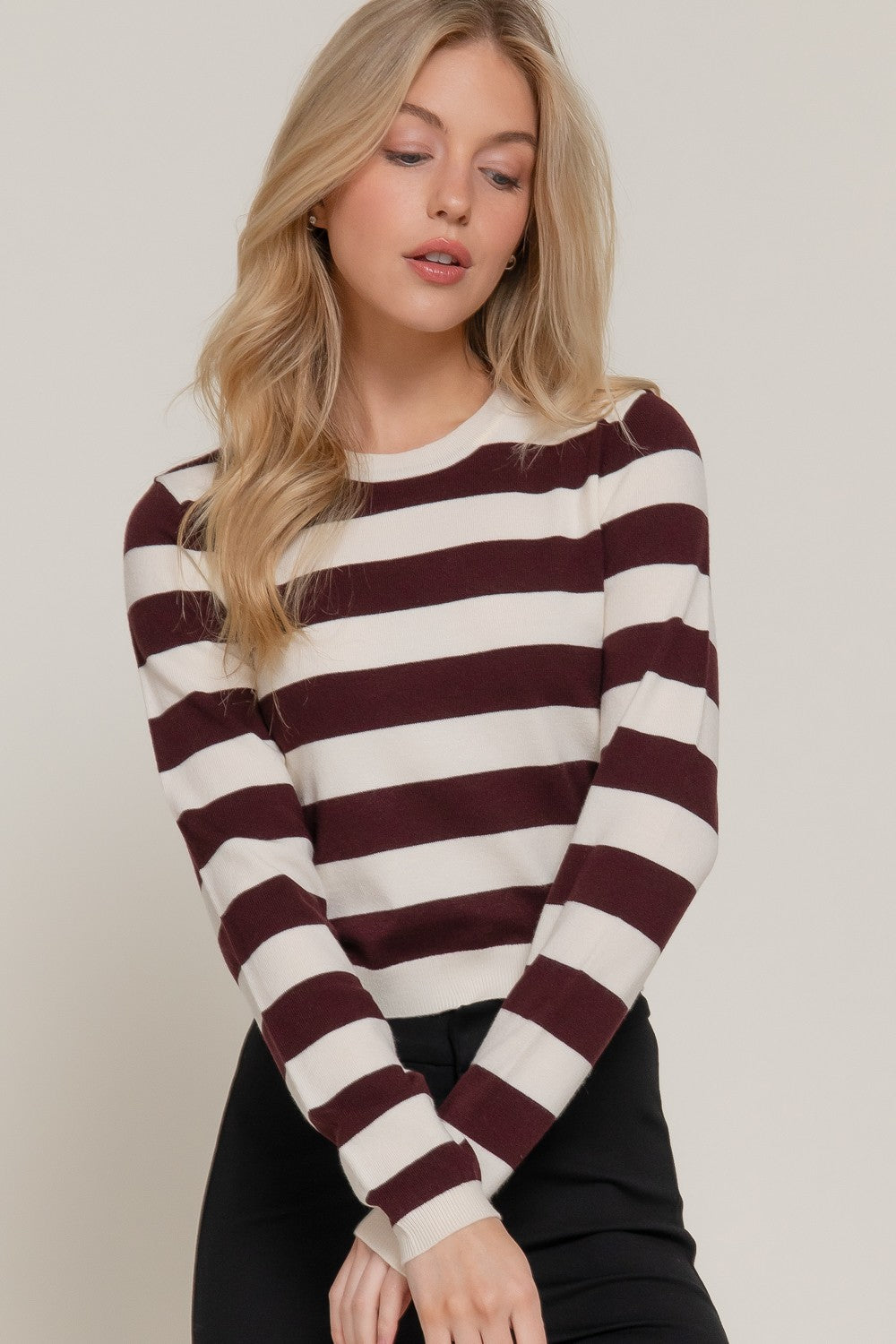 Long Slv Crew Neck Stripe Fitted Sweater