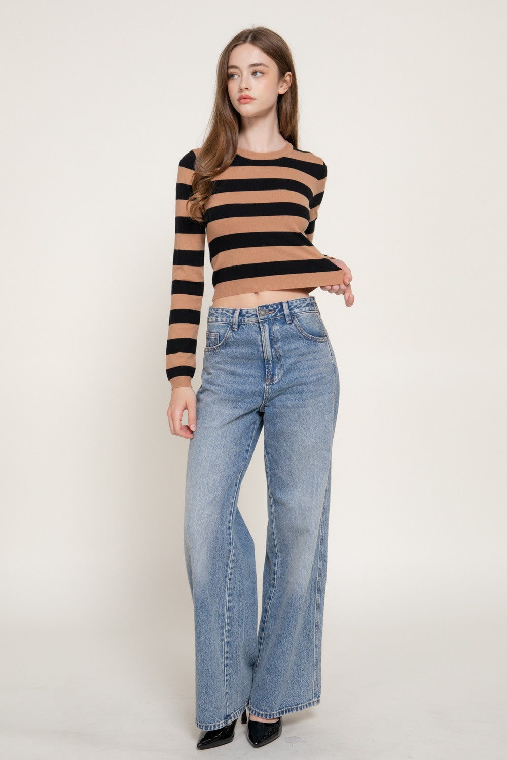 Long Slv Crew Neck Stripe Fitted Sweater