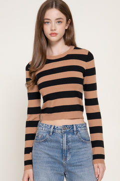 Long Slv Crew Neck Stripe Fitted Sweater