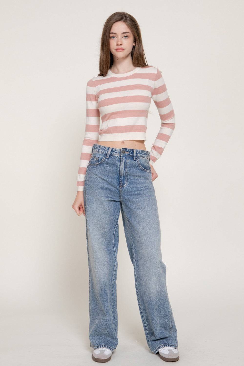 Long Slv Crew Neck Stripe Fitted Sweater