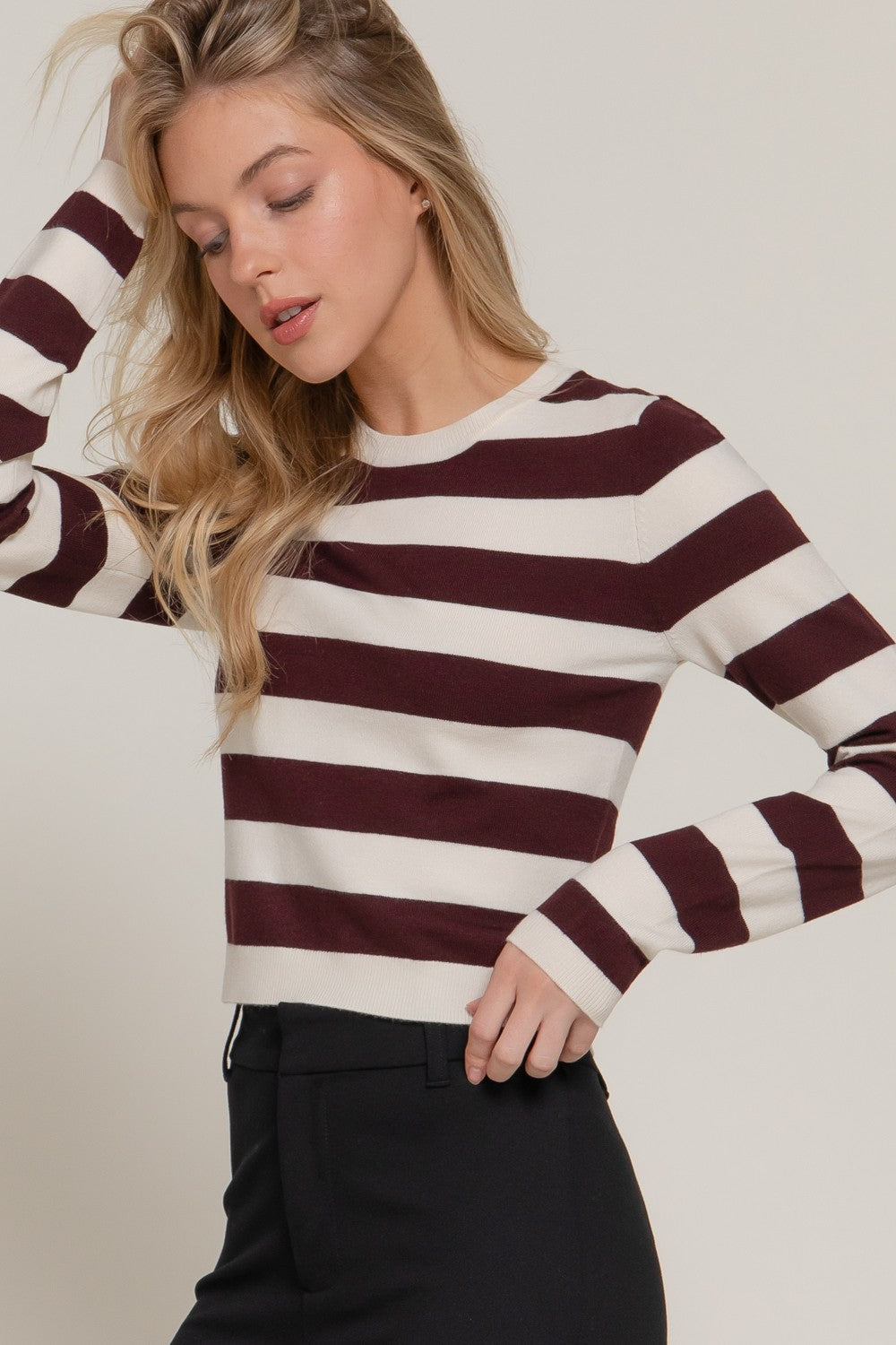 Long Slv Crew Neck Stripe Fitted Sweater
