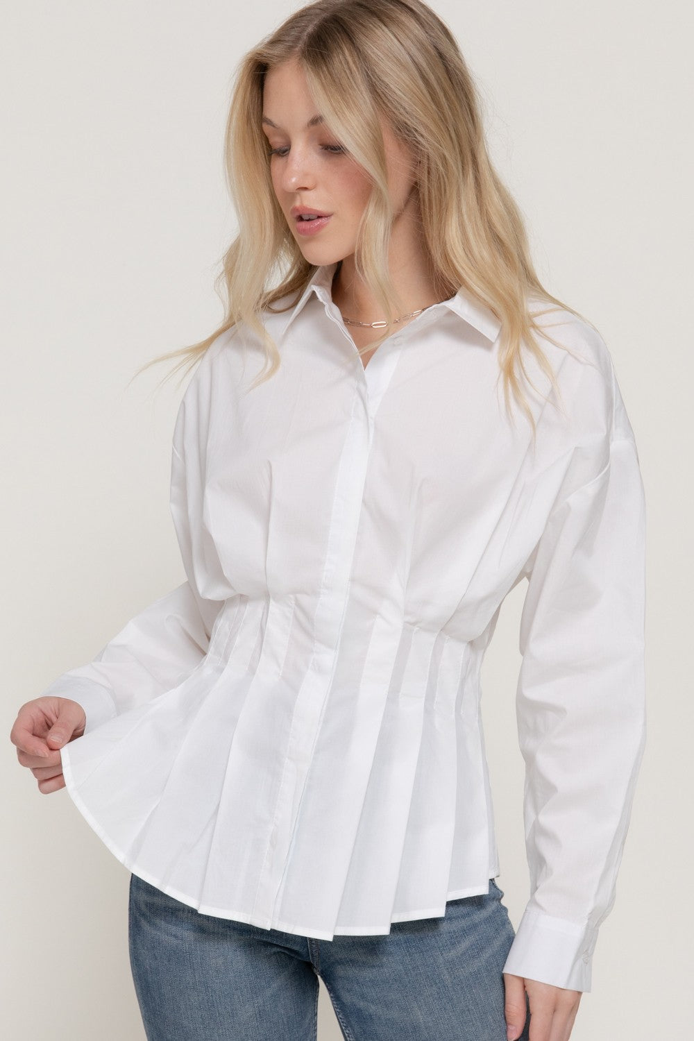 Long Slv Waist Pleated Poplin Shirt