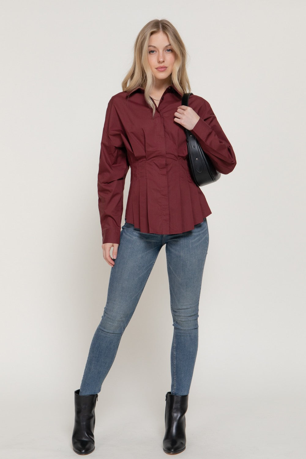 Long Slv Waist Pleated Poplin Shirt